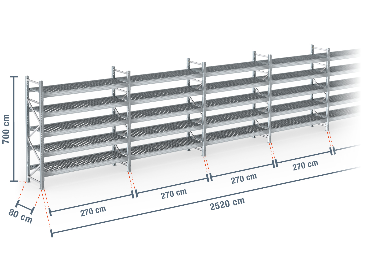 25,2 m palletstelling PR9000F thermisch verzinkt / 80 cm diep / 7 m ...