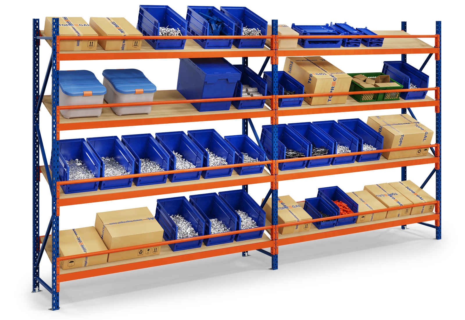 Utilisation d'un rayonnage incliné avec des caisses en carton et des bacs à bec